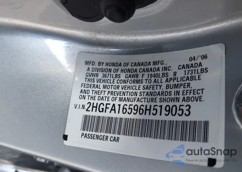 2006 Honda Civic Lx из США, поврежденный, VIN 2HGFA16596H519053